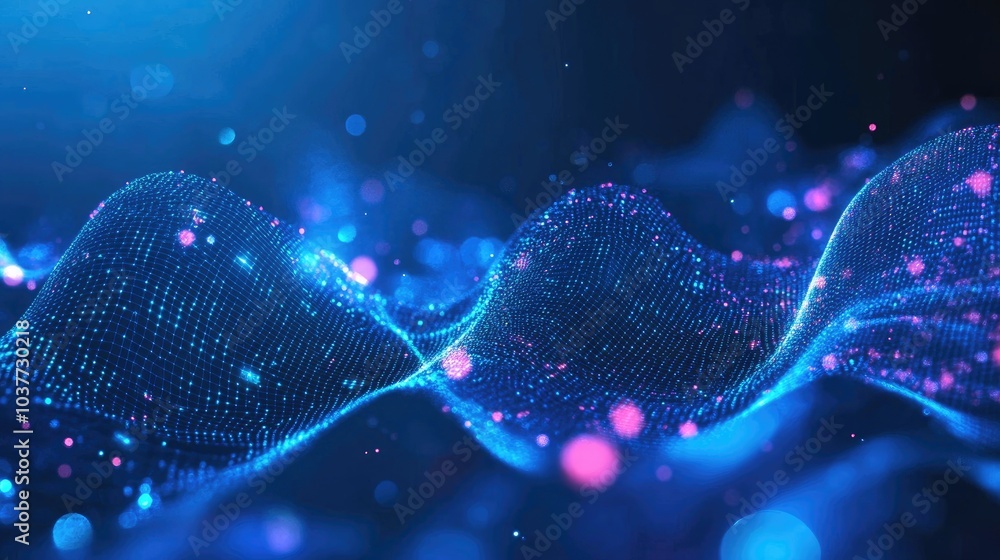 Poster glowing neon lines and grids on a blue background sound vibration element technology data connection