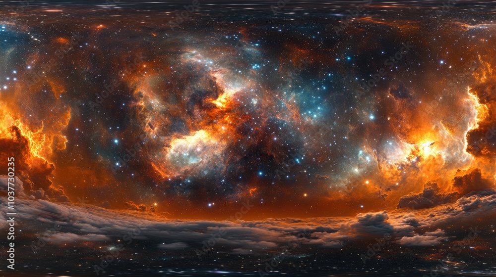 Poster 360 degree space background featuring a nebula and stars with a 3d cartoon rendering equirectangular