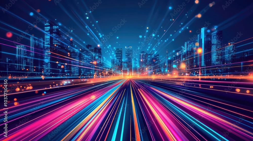 Aufkleber panoramic abstract night scene of futuristic high speed data light trails with blurred skyscraper ba