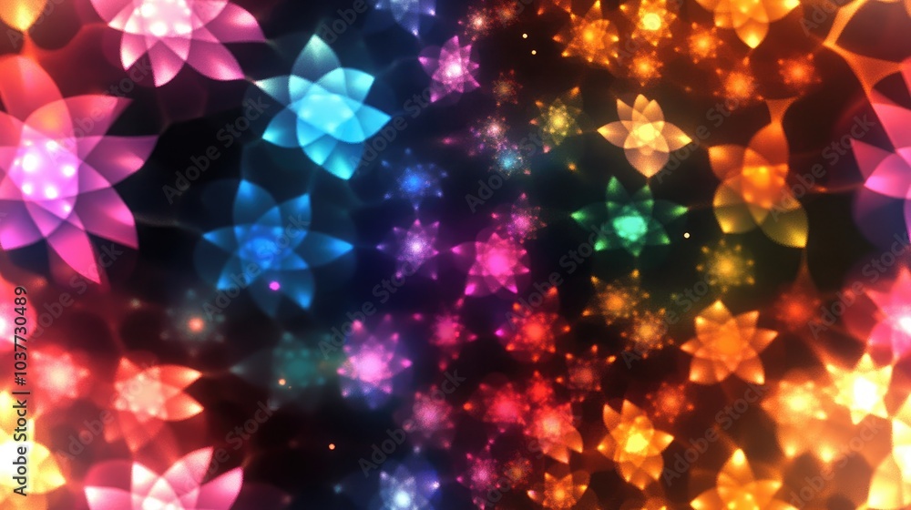 Poster kaleidoscope sequence patterns in an abstract multicolored motion graphics background