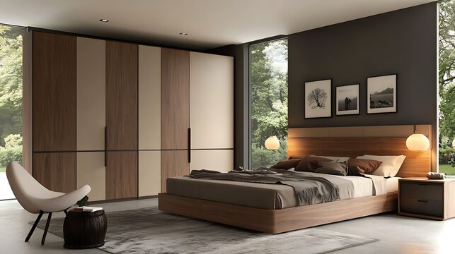 A modern wardrobe placed in a spacious bedroom with ample space for promotional offers