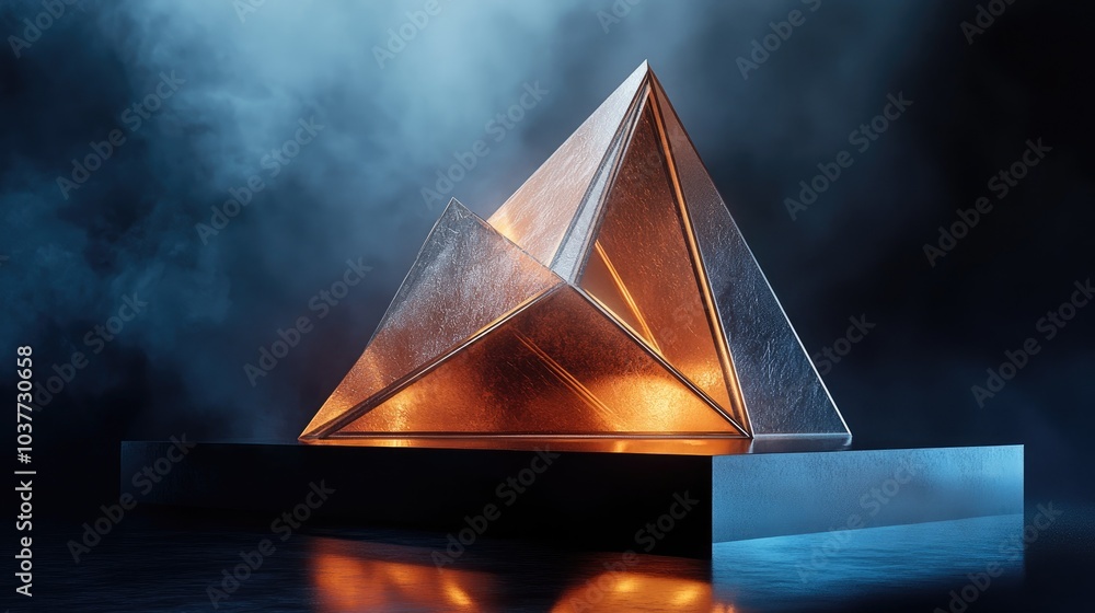 Poster fantasy 3d rendering featuring a creative triangular polygon structure set against a dark backdrop s