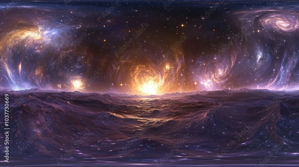 Poster 360 degree space background featuring a nebula and stars in a 3d cartoon rendering presented as an e