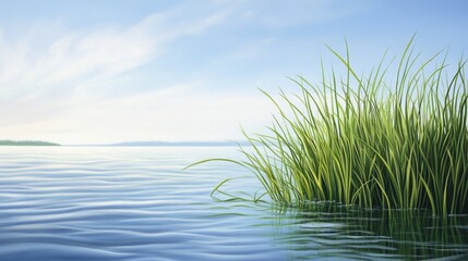Oil painting depicting grass in a tranquil shallow water setting
