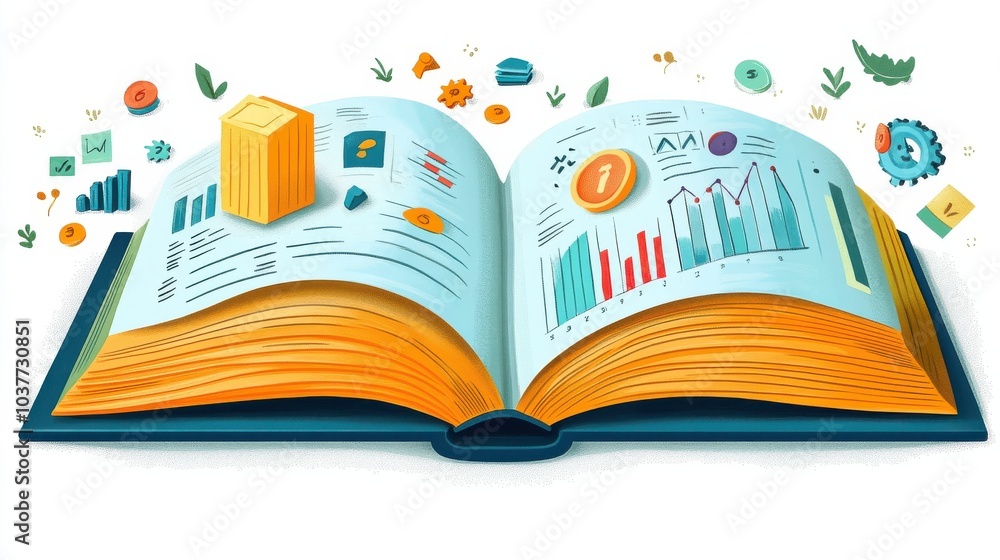 Poster open book with charts and graphs in data visualization style