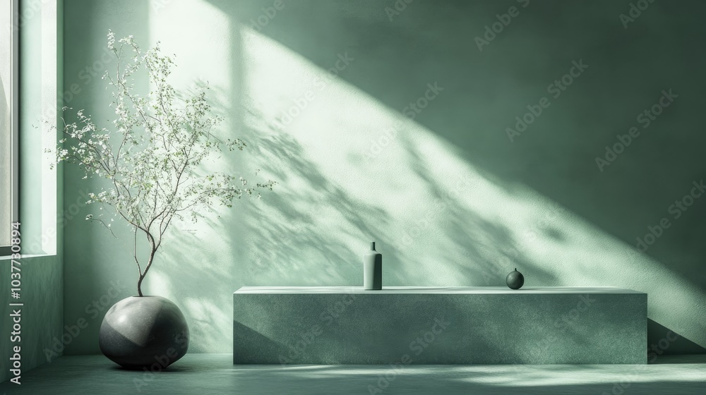 Poster minimalist abstract scene featuring a green color palette for a product display podium 3d rendering
