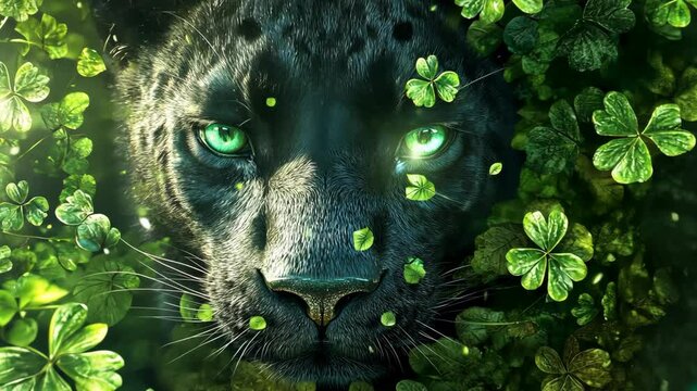 A black panther with green eyes peers through a thicket of shamrock leaves