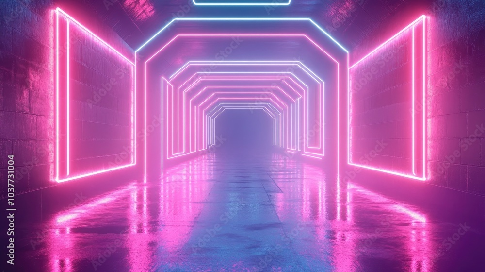 Poster neon glowing lines create a sci fi atmosphere in a dark tunnel with reflections on the floor and cei