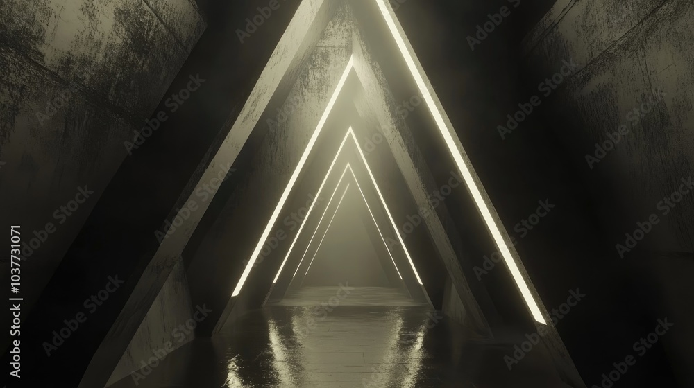 Poster 3d rendering of a dark abstract sci fi tunnel featuring a futuristic triangular spaceship corridor