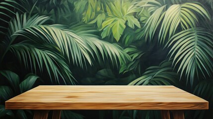 Oil painting of a wooden tabletop podium in an outdoor tropical garden with a blurred green palm leaf background ideal for natural product placement and summer jungle themes