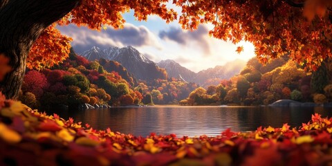 Autumn landscape featuring mountains and a tranquil lake amidst vibrant fall foliage, Scenic autumn landscape with mountains and peaceful lake surrounded by colorful fall leaves