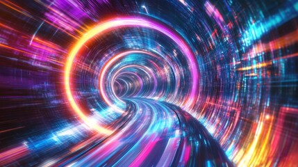 Fototapeta premium Abstract tunnel with swirling luminous energy, bright neon colors, and dynamic composition.