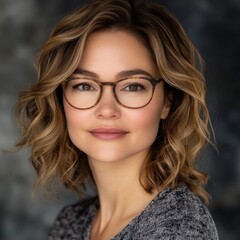 Obraz premium Headshot of a woman with glasses, shoulder-length curly brown hair, wearing business casual