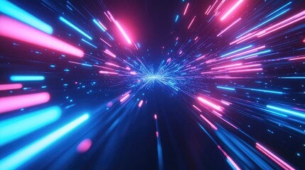 Naklejka premium Futuristic light ray acceleration with vibrant blue and pink neon speed lines ideal for abstract backgrounds