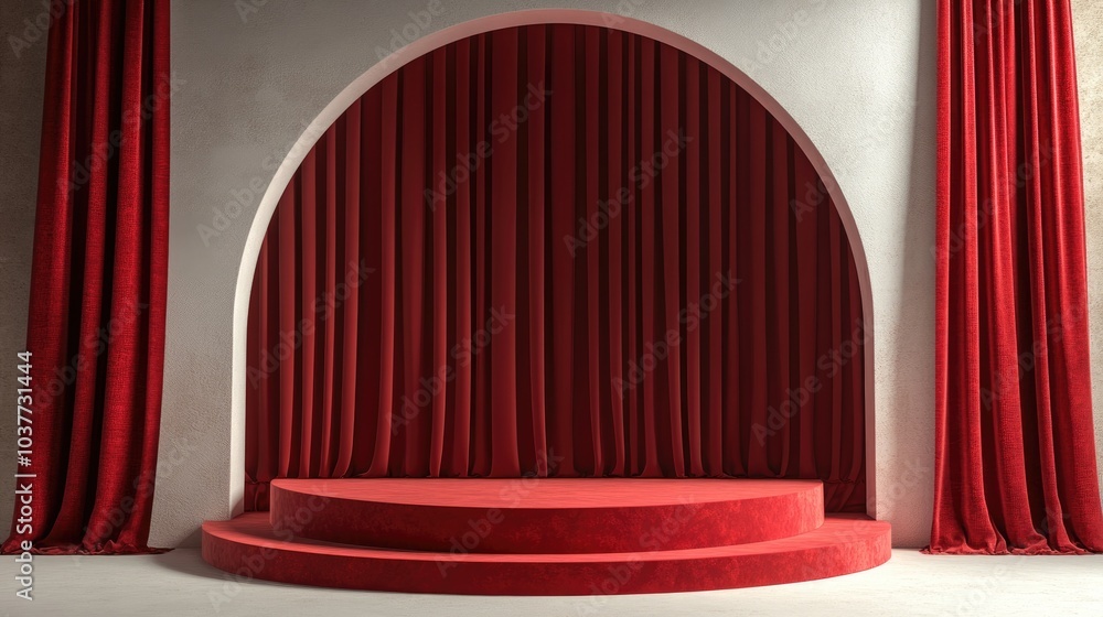 Poster red stage podium decoration designed for product display 3d rendering