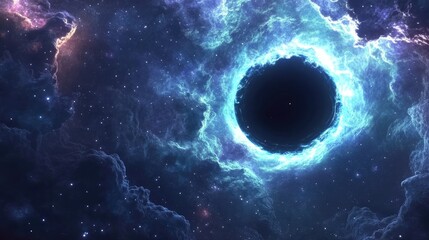 Abstract space wallpaper featuring a 3D cartoon rendering of a black hole surrounded by a nebula over starry cloud fields in outer space A stunning glowing night backdrop from above
