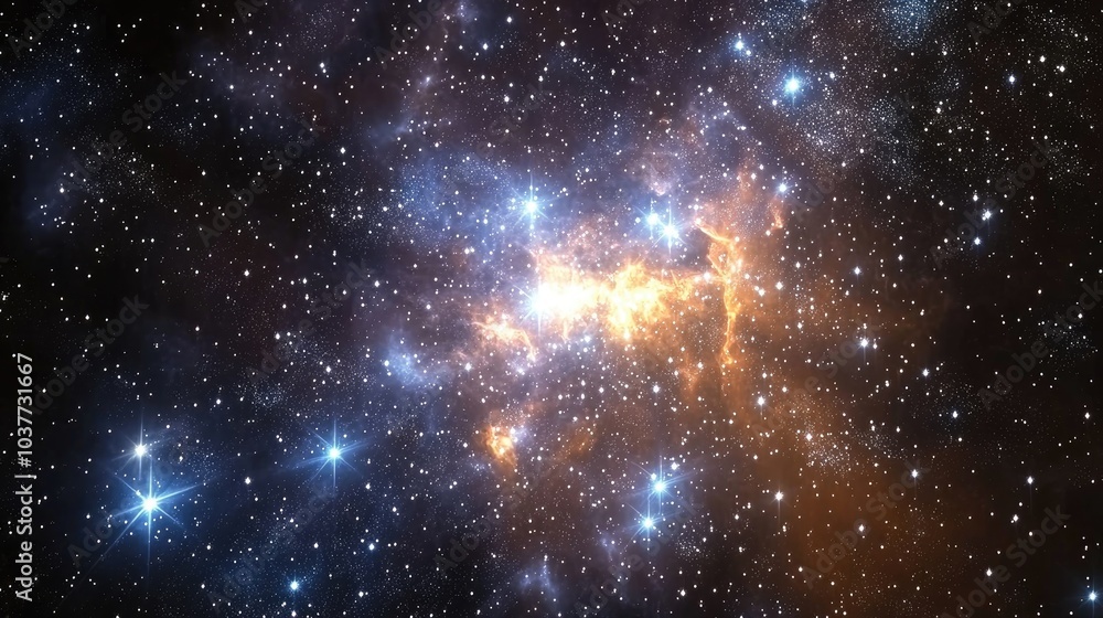 Poster cluster of stars in a 3d cartoon rendering showcasing a starfield and nebula