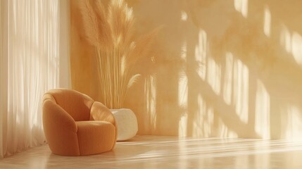 Cream colored wall mockup featuring warm tones an armchair and minimal decorations in a 3D rendering
