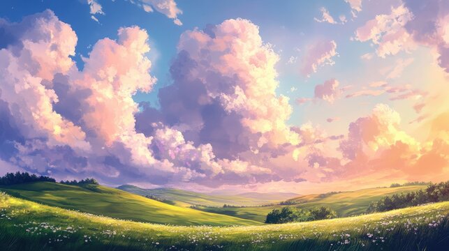 Scenic landscape featuring rolling hills under a vibrant sky with fluffy clouds showcasing the beauty of nature in a serene and tranquil environment