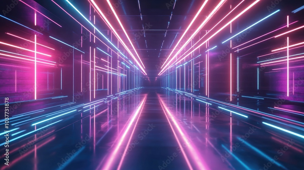 Poster neon glowing lines illuminate a dark tunnel with reflections on the floor and ceiling creating an em