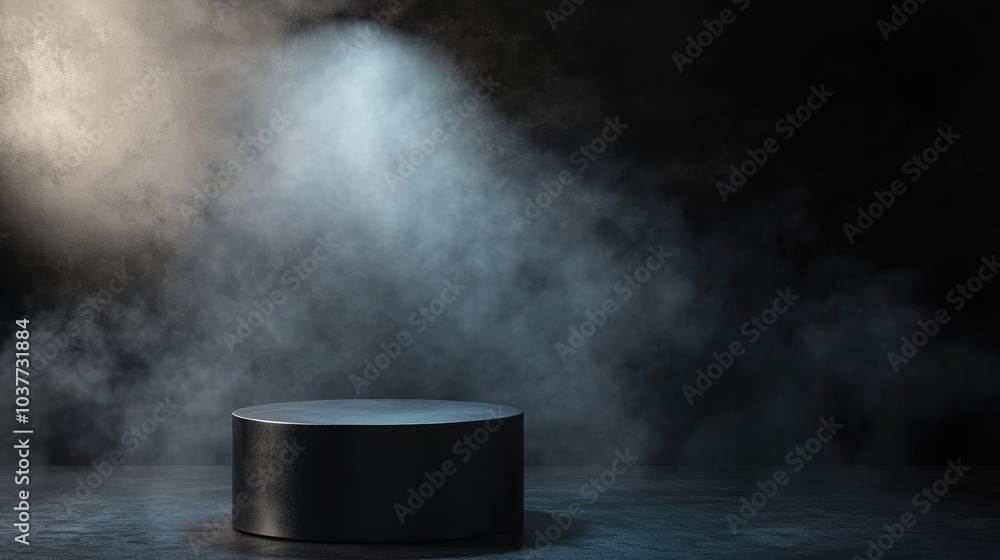 Aufkleber dimly lit studio space featuring a glossy black pedestal a spotlight and light fog elegant minimalis