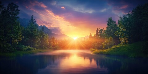 Obraz premium Tranquil summer forest with a serene lake and a vibrant sunset sky in the background, Serene forest landscape with tranquil lake and vibrant sunset sky