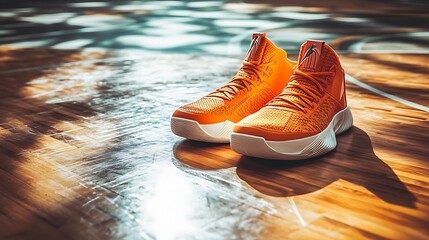 A pair of basketball shoes on a dynamic sports court background with space for copy text