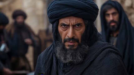 salahuddin wearing black costume and turban scarf talkig to jurdik 