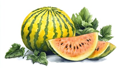 Ripe yellow watermelon whole and sliced accompanied by green leaves Watercolor illustration hand painted on a white background