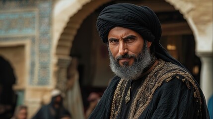 salahuddin wearing black costume and turban scarf talkig to jurdik 