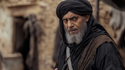 Fototapeta premium salahuddin wearing black costume and turban scarf talkig to jurdik 