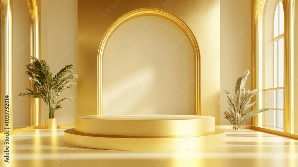 Poster gold product display podium on a luxurious advertising background with empty backdrops 3d rendering