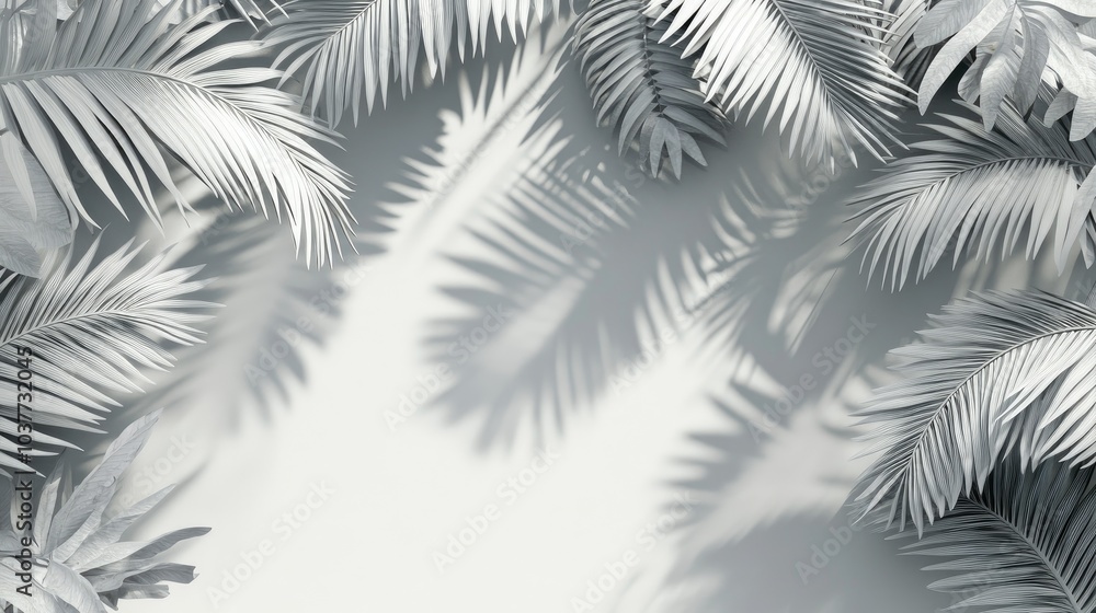 Poster 3d rendering of a monotone background wall featuring shadows of palm tree leaves
