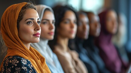 Obraz premium A group of women from diverse ethnic backgrounds attending a leadership workshop, empowering equal access to opportunities