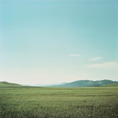 Fototapeta premium Under the clear sky without a cloud, a wide field of grass spreads out and you can see the mountain over the horizon