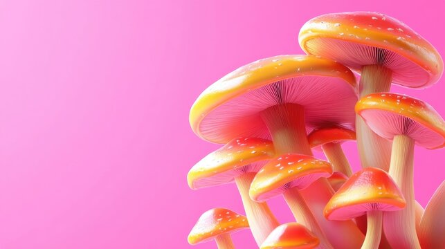 3D cartoon depiction of Psilocybin mushrooms against a vibrant pink background Psychedelic magic mushrooms Golden Teacher variety Cosmic consciousness and microdosing theme