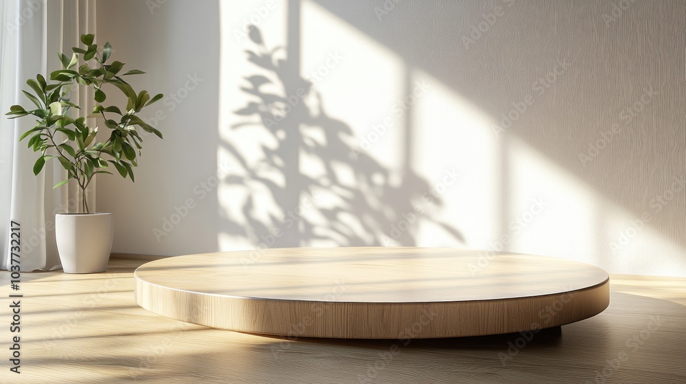 Poster 3d rendering of an empty beautiful round wood tabletop in a clean and bright interior with shadowed 