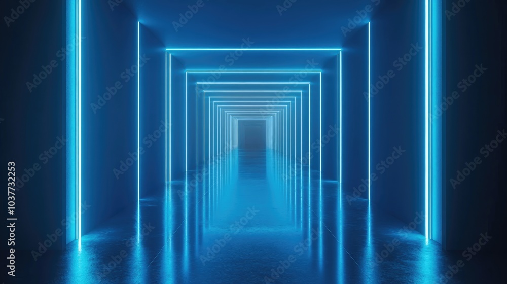 Aufkleber 3d rendering of a blue neon glowing spaceship corridor with a dark background designed for advertisi