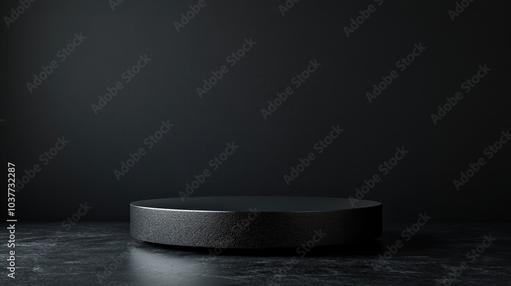 Poster platform display pedestal featuring a black stand podium against a dark background empty exhibition 