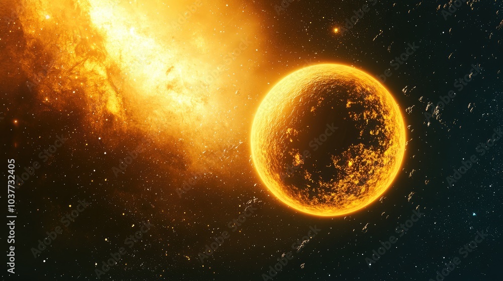 Poster 3d illustration of a cartoon rendering depicting an exoplanet transit in front of its host star in d