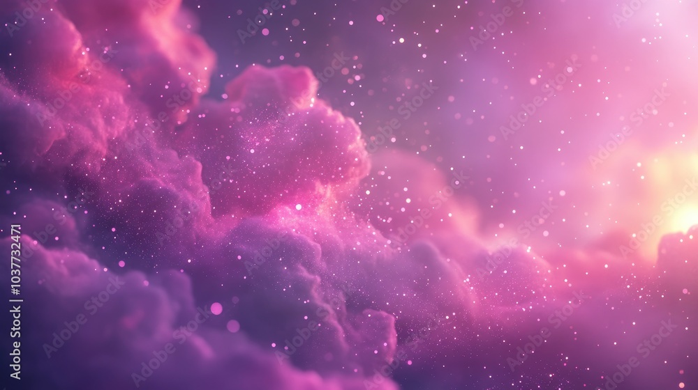 Poster empty cosmic background in a 3d cartoon rendering featuring a blurred dark violet sky with abstract 