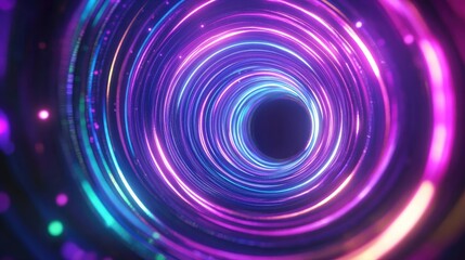 Obraz premium Neon circle lines in a 3D cartoon rendering featuring an empty copy space against a black background Long exposure photo of colorful LED lights in a rotating effect creates an eco friendly shiny g