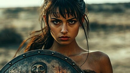 A woman with dark hair and intense eyes stares at the camera, holding a shield with a skull design in a barren landscape