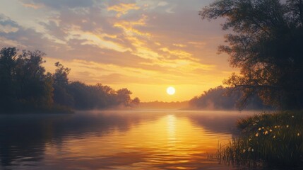 Fototapeta premium Oil painting depicting a serene sunrise over a river capturing the beauty of morning light and tranquil waters