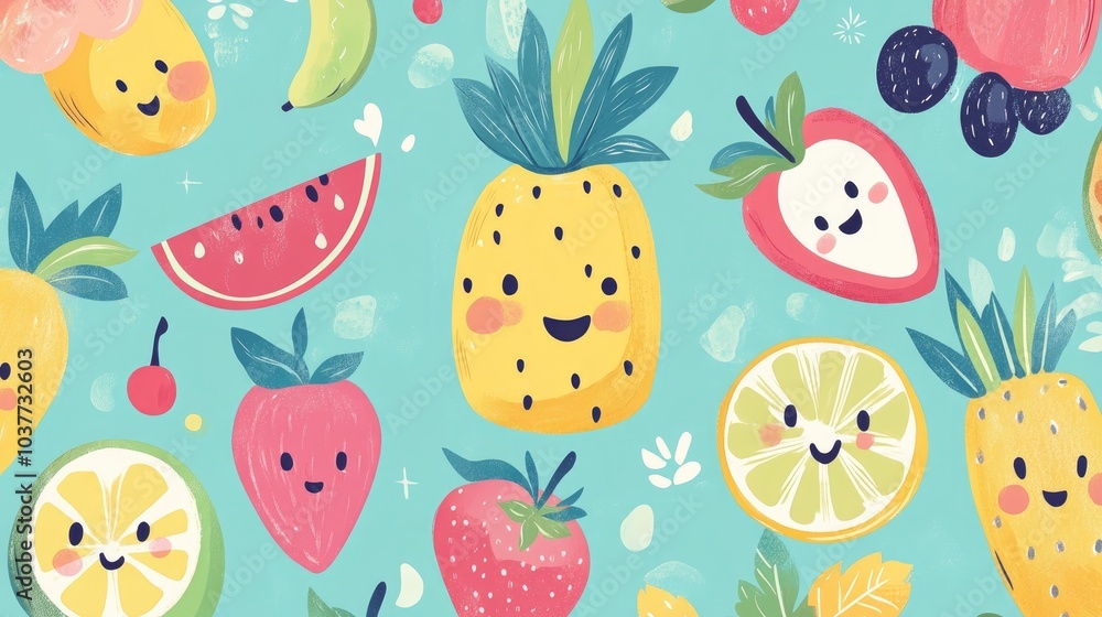 Poster whimsical fruit illustrations in a doodle style a large collection of vector designs featuring chara
