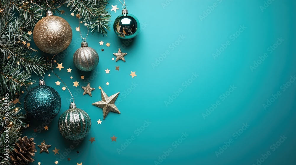 Poster teal green background adorned with starry elements creating a festive atmosphere
