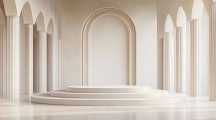 Fototapeta premium Interior architecture perspective featuring an arched podium in a 3D rendering