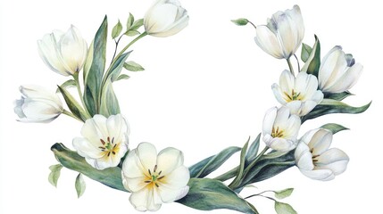Fototapeta premium Watercolor illustration of a wreath featuring white tulips leaves and flowers isolated