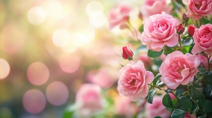 Dreamy pink rose garden with a blurred bokeh effect creating an enchanting floral backdrop for summer and spring