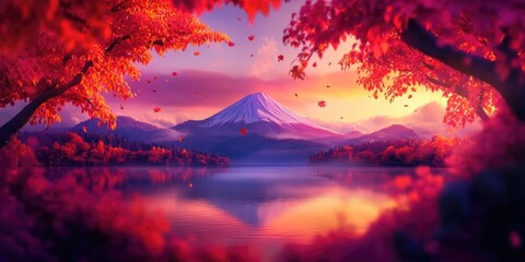 Obraz premium Mount Fuji surrounded by autumn foliage reflected in a serene lake, Autumn landscape with mountain and lake reflection